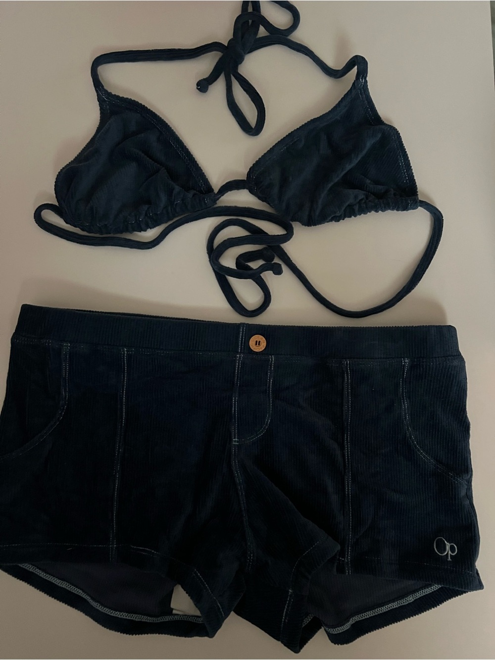 OP Dark Blue Corduroy Triangle Bikini Top and Swim Shorts - Picture 2 of 9
